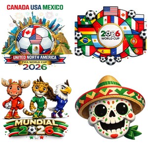 May include: A collage of illustrations related to the 2026 FIFA World Cup. Includes a soccer ball with flags of Canada, USA, and Mexico, and the text "UNITED NORTH AMERICA FIFA WORLD CUP 2026". Also features flags, soccer balls, and cartoon mascots.