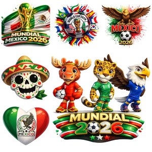 May include: A collection of vibrant graphics promoting the 2026 FIFA World Cup in Mexico. Designs include a soccer ball, a trophy, an eagle, and a heart-shaped emblem with the Mexican flag colors. Mascot characters and the text "MUNDIAL MEXICO 2026" are also featured.