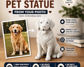 Personalized Pet Statue from Photo, Custom Dog Cat Figurine, Pet Memorial Gift, 3D Printed Animal Sculpture, Gift for Pet Lovers