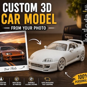 Può includere: Un modello di auto 3D bianco accanto a una foto di un'auto arancione. Il testo recita "CUSTOM 3D CAR MODEL FROM YOUR PHOTO". Il modello è una replica dettagliata, ideale per un regalo personalizzato. È presente anche il testo "100% Personalized".