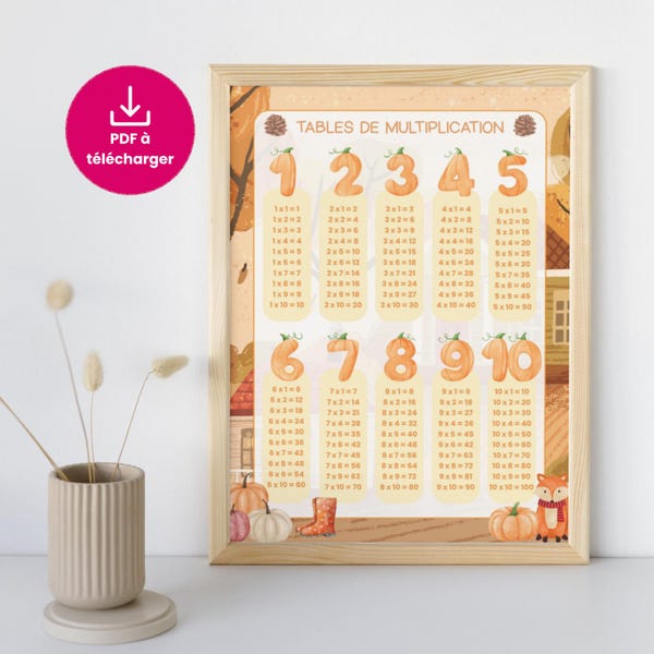 Educational poster: Multiplication Tables - Autumn - PDF file in French to download and print