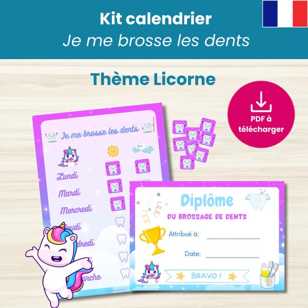 Unicorn-themed teeth brushing motivation chart - French - PDF download