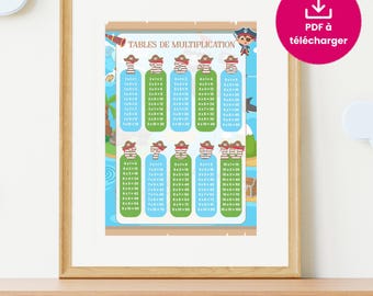 Multiplication tables poster PDF with a Pirate theme in French | printable file