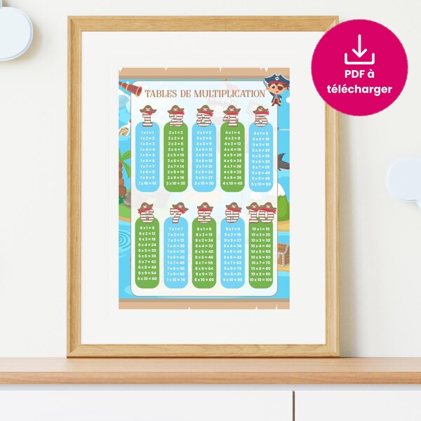 Multiplication tables poster PDF with a Pirate theme in French | printable file