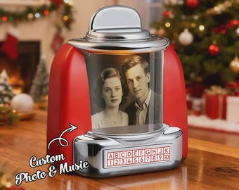 Altavoz jukebox retro personalizado con foto y canción / Reproductor de música personalizado con nombres y fecha / Radio vintage, regalo de Navidad para parejas