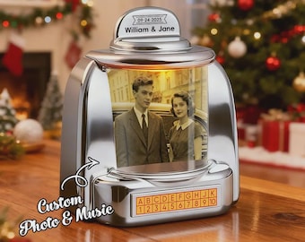 Altavoz jukebox retro personalizado con foto y canción / Reproductor de música personalizado con nombres y fecha / Radio vintage, regalo de Navidad para parejas