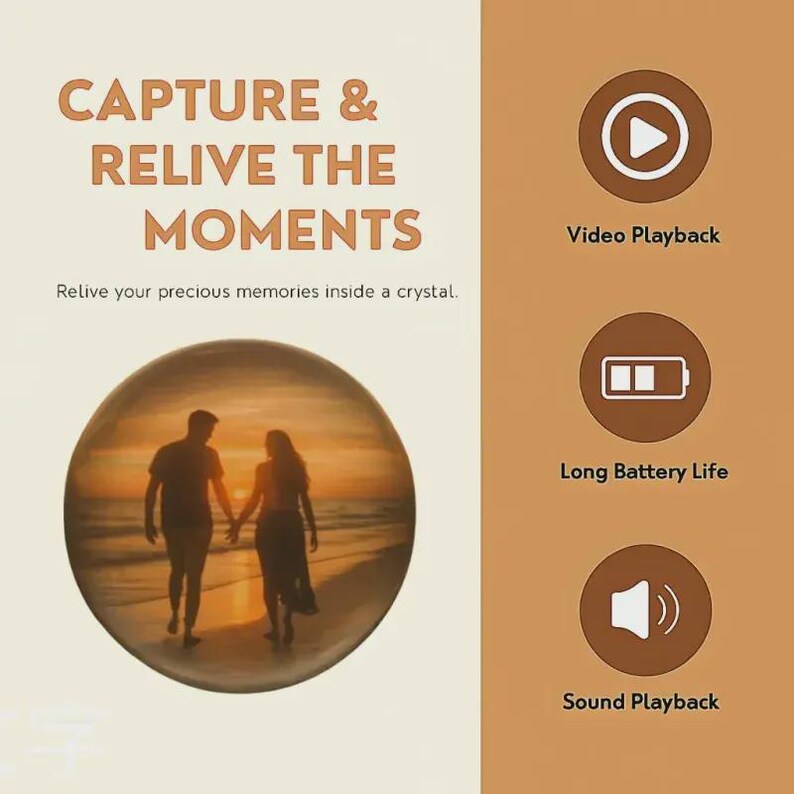 Puede incluir: Imagen promocional con el texto "CAPTURE & RELIVE THE MOMENTS". Presenta una bola de cristal con una pareja caminando por una playa al atardecer. Los iconos indican reproducci&oacute;n de v&iacute;deo, sonido y larga duraci&oacute;n de la bater&iacute;a.