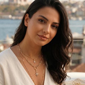 Mehrreihige Kette Gold • Nordstern Kette mit Zirkonia Anhänger • Chunky Chain Necklace Messing Vergoldet • Layering Halskette Boho Chic