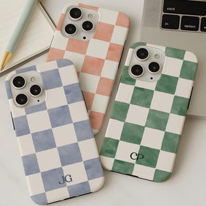 Personalized Blush Watercolor Checkerboard Phone Case, Custom Initials iPhone 17 16 15 14 13 Pro Max, Samsung Galaxy S25 Ultra, Gift For Her