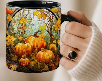 Autumn Pumpkin Coffee Mug, Autumn Maple Leaf Mug: Fall Stained Glass Effect coffee, Coffee Cup Ceramic Season mug ThanksgivingGift