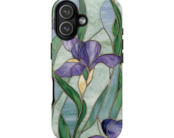 Stained Glass Phone Case - Floral Iris Design, Tough Phone Cover, Gifts for Her, Elegant Mobile Protection, Unique Accessories