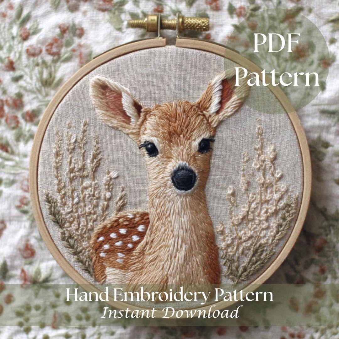 Floral Doe Hand Embroidery Pattern | Realistic Deer Portrait (PDF ...