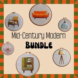 Könnte beinhalten: Stickrahmen-Kunst mit Motiven von Möbeln im Mid-Century-Modern-Stil. Die Designs umfassen ein orangefarbenes Sofa, einen gelben Sessel, einen Schrank, eine Lampe und eine Leuchte. Der Text "Mid-Century Modern Bundle" ist zu sehen.