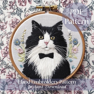 May include: Hand embroidery pattern featuring a black and white cat wearing a bow tie, surrounded by floral embroidery. The text "PDF Pattern" and "Hand Embroidery Pattern Instant Download" are visible.