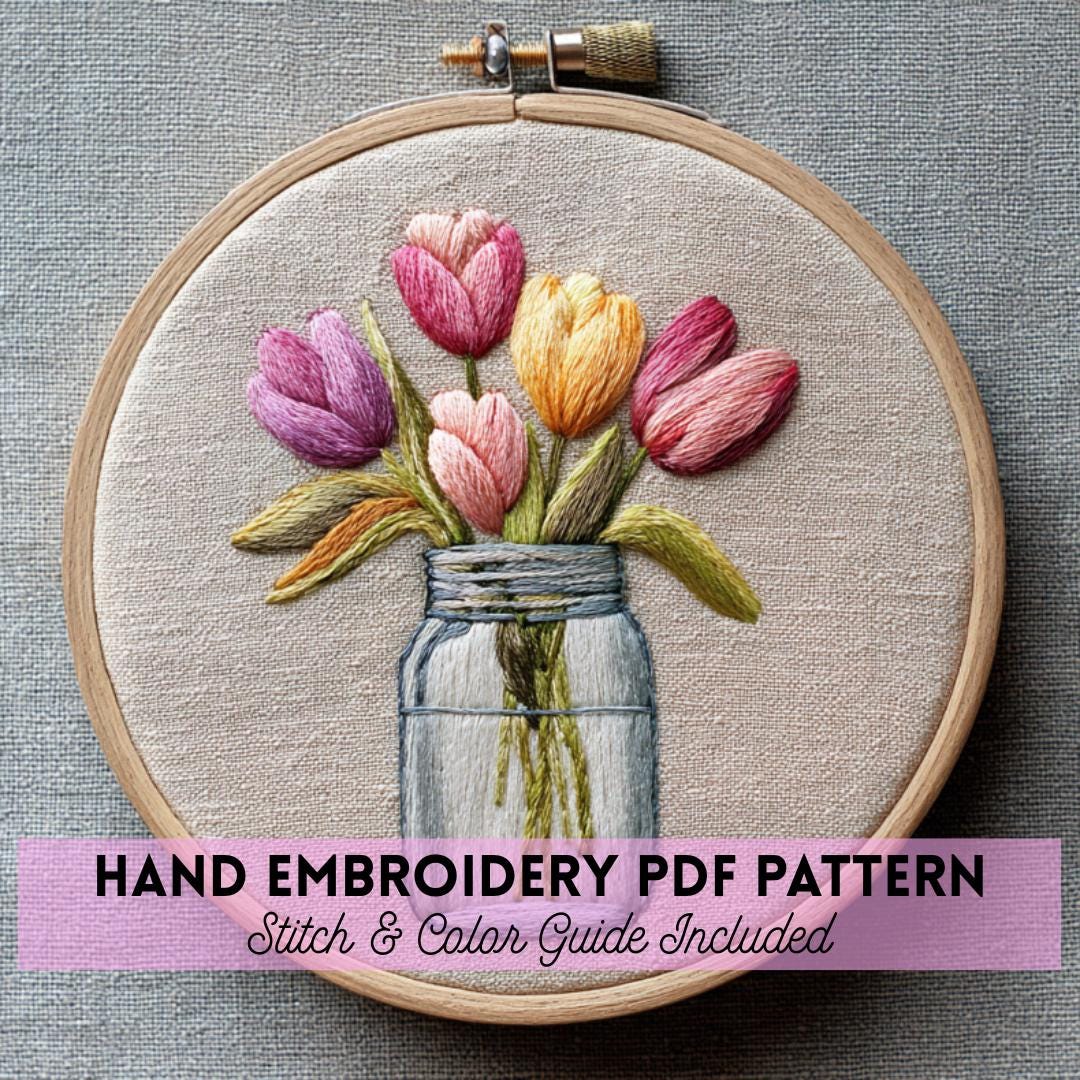 Tulip Bouquet Embroidery Pattern PDF | Beginner Floral Hand Embroidery ...