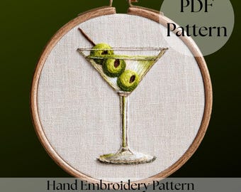 Dirty Martini Embroidery Pattern | Olive Cocktail Hoop Art PDF | Modern Bar Decor Stitch Design