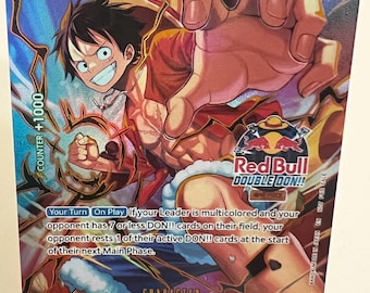Tarjeta coleccionable de Monkey D. Luffy y Red Bull, tarjeta de anime personalizada con lámina holográfica, rara, de colección, regalo de arte de fans.