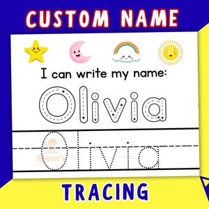 Puede incluir: Una hoja de trabajo de trazado blanca con el nombre "Olivia" impreso en una fuente punteada para practicar la escritura. La hoja de trabajo incluye ilustraciones de una estrella amarilla, una luna rosa, un arcoíris y un sol sonriente. Las palabras "CUSTOM NAME" y "TRACING" están impresas.