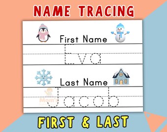 Puede incluir: Una hoja de trabajo blanca con las palabras "Name Tracing" en la parte superior. La hoja de trabajo tiene líneas para trazar los nombres y apellidos "Eva" y "Jacob", con ilustraciones de invierno.
