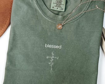 Comfort Colors Blessed Shirt: Blue Floral Toile de Jouy Christian Tee Gift