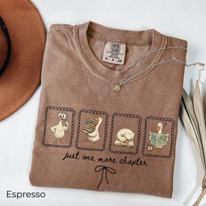 May include: Espresso-colored t-shirt with a graphic of cartoon geese in frames, each depicting a different reading activity. The text "just one more chapter" is below the frames. A silver necklace with a pendant is on the shirt.