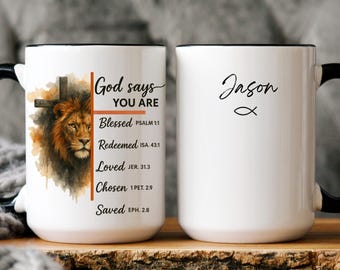 God says you are Mug, Personalized Christian Coffee Cup, Custom Name Bible Verse Mug, Faith Gift for Him Christian Dad Gift, Pastor Mug