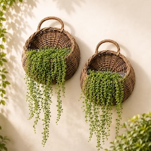 Jardinière murale en osier tressé à la main, panier suspendu en rotin, décoration murale style cottage, cadeau rustique en forme de pot de fleurs tressé
