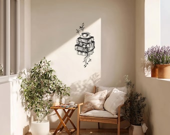 Bücherstapel Metallwandkunst, gemütliche Leseecke Dekor, minimalistische Teetasse und Bücher Kunstwerk, moderne literarische Metallskulptur für das Studium