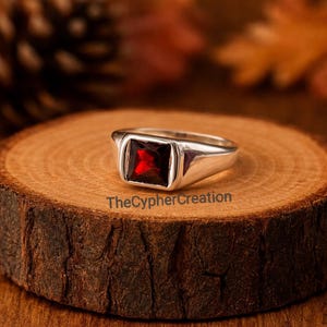 Handgemaakte sterlingzilveren zegelring – vierkante granaat edelsteen, geboortesteen januari, cadeau voor hem