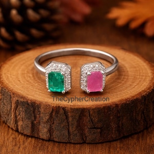 Emerald Ruby Open Adjustable Dual Gemstone Engagement Ring, Vintage Style Silver Wedding Ring, Minimalist Birthstone Jewelry,  Promise Ring