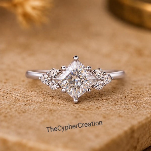 Princess Cut Moissanite Engagement Ring, Silver Promise Ring, Cluster Diamond Style Ring, Minimalist Bridal Ring, Anniversary Gift for Her