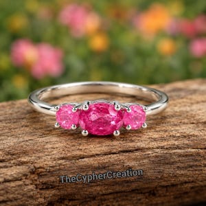 Natural Ruby Engagement Ring, 3 Stone Ruby Anniversary Ring, Sterling Silver Ruby Ring, Oval Ruby Wedding Ring, July Birthstone Gift for Her