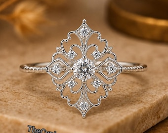 Vintage Art Deco Moissanite Wedding Ring, Diamond Engagement Ring, 925 Sterling Silver Promise Ring, Vintage Style Filigree Bridal Ring Gift