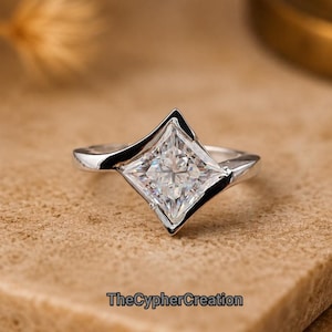Princess Cut Moissanite Silver Engagement Ring, Minimalist Promise Ring, Square diamond Wedding Ring, Modern Bridal Jewelry Gift for Women