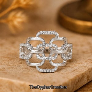 Moissanite Luxury Geometric Diamond Bridal Ring, Sterling Silver Statement Ring, Openwork Cluster Engagement Ring, Art Deco Inspired Jewelry