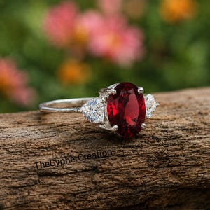 Ovale granaatverlovingsring, bruiloft met drie stenen, geboortesteen januari, vintage stijl jubileumsieraden