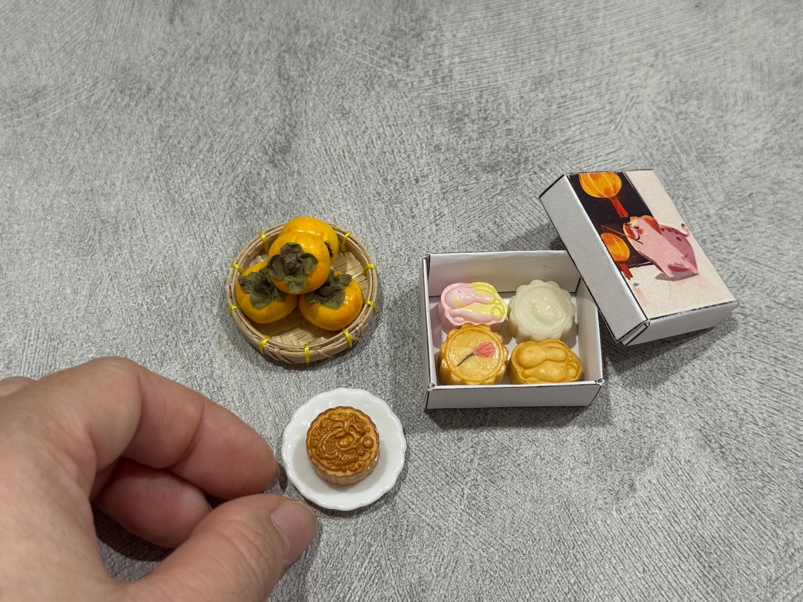 Miniature Mooncake Set | Mid-Autumn Festival Gift Box | 1:12 Dollhouse Food, Clay Miniature Asian Dessert  Persimmon Basket