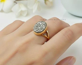 Genuine Pyrite 18k Gold Plated 925 Silver Ring, Money Attract Ring