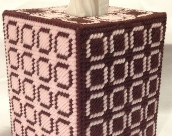 PATTERN: Geometric Squares Brown and Pink Tissue Box Cover in Plastic Canvas - PATTERN ONLY