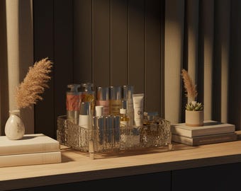 Textured Crystal Acrylic Vanity Organizer — Luxury Skincare & Makeup Display Tray