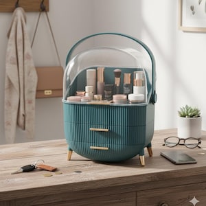 May include: Teal makeup organiser with a clear dome lid, gold-coloured legs, and three drawers. The organiser is filled with various cosmetic products. A wooden table holds the organiser, a phone, glasses, and a succulent plant.