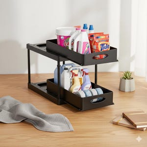 Under Sink Organizer Pull Out Drawer - 2 Tier Kitchen Cabinet Storage Rack with Sliding Baskets for Cleaning Supplies