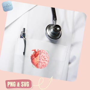 May include: A white medical coat with a pocket displaying a watercolour illustration of a heart and brain, split vertically, with the word "BALANCE" in the middle. A stethoscope hangs from the coat's collar. A pen is in the pocket.