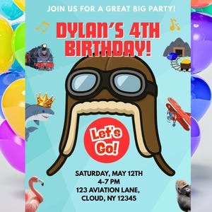 May include: A birthday party invitation with a light blue background and colourful balloons. The invitation features the text "Dylan's 4th Birthday!" and includes illustrations of a train, airplane, and mining cart. The invitation also includes the party details.
