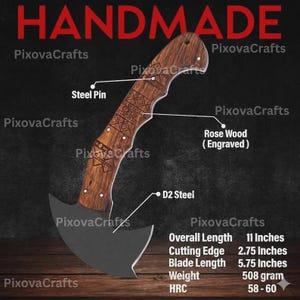 May include: Handmade axe with a rosewood handle and D2 steel blade. The handle is engraved with a decorative pattern and secured with steel pins. Overall length is 11 inches, blade length is 5.75 inches, and weight is 508 grams.