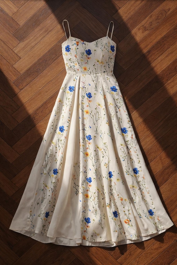 Floral Cottagecore Dress, White Summer Sundress, Blue Flower Midi Dress, Vintage Inspired Strap Dress, Romantic Garden Dress