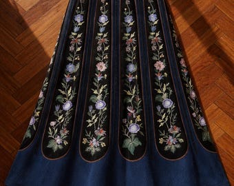 Floral Embroidered Folk Skirt, Vintage Botanical Midi Skirt, Boho Cottagecore Skirt, Black Blue Embroidery Skirt
