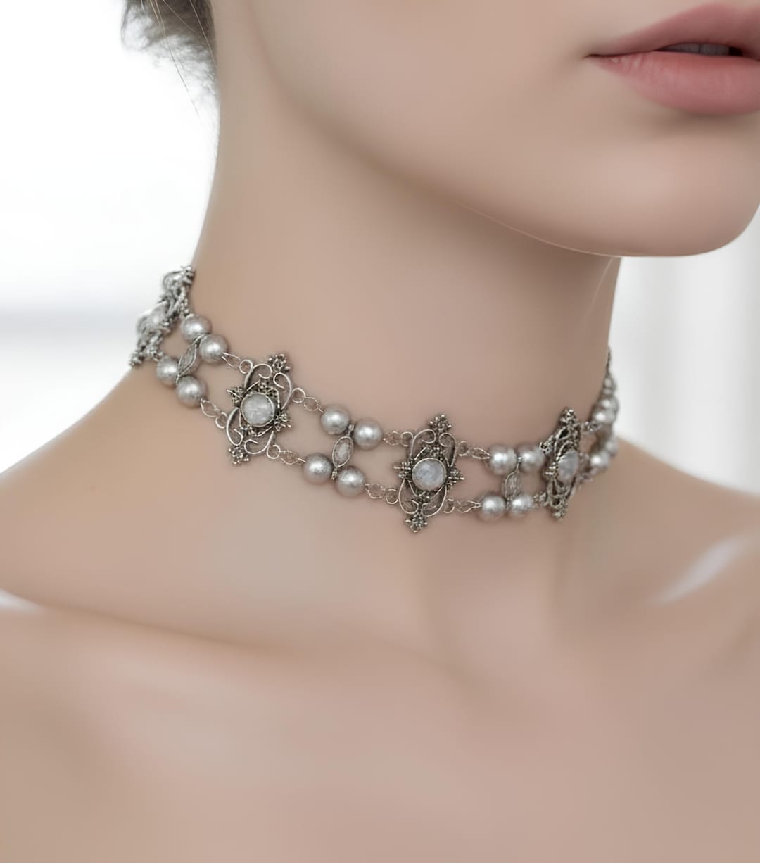 Silver Baroque Pearl Choker – Vintage Victorian Necklace, Romantic Gothic Jewelry, Elegant Wedding or Evening Choker - Etsy Japan