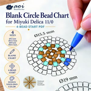 Puede incluir: Una hoja de papel blanca titulada Blank Circle Bead Chart for Miyuki Delica 11/0 4-BEAD START PDF. Presenta un diagrama de cuadrícula circular con un diámetro de 15,5 mm, parcialmente coloreado con marcadores marrones y turquesas.