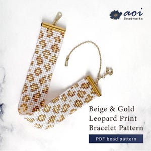 May include: A beaded bracelet featuring a beige and gold leopard print pattern. The bracelet has gold-toned metal end bars and a delicate gold chain extension with a clasp. Text on the image reads: aoi Beadworks, Beige & Gold Leopard Print Bracelet Pattern, PDF bead pattern.